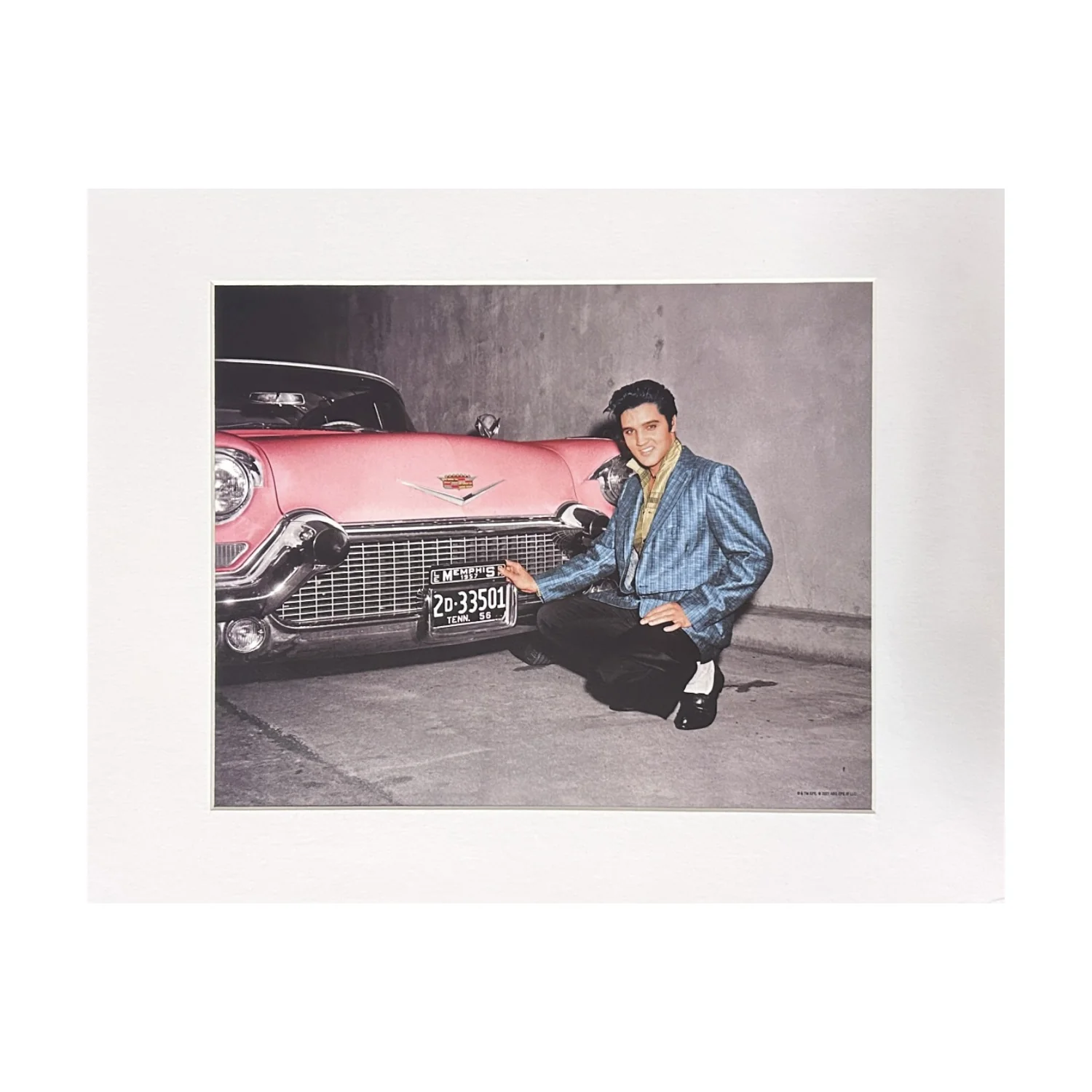 Elvis Kneeling By Car Matted Photo